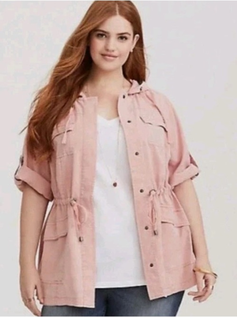 Torrid 3 Cargo Jacket Pastel Pink Snap Front Hooded Roll Tab Sleeves